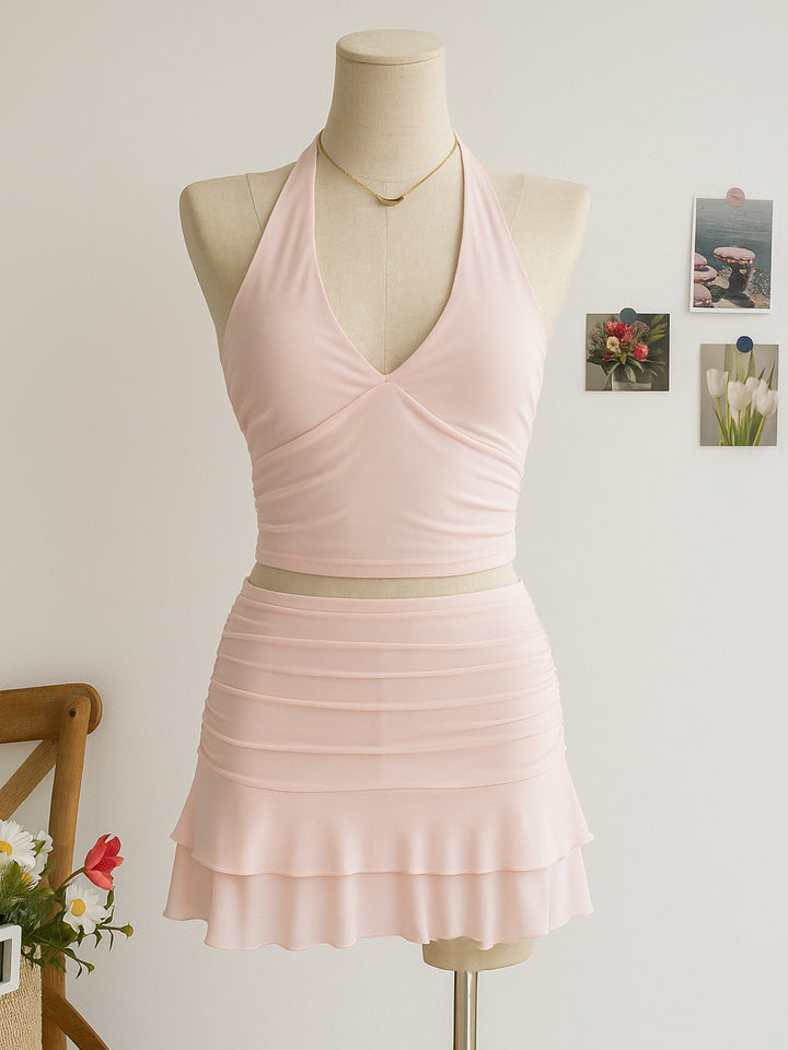 Boho Backless Layered Ruched Plunge Neck Women Two-piece Outfits