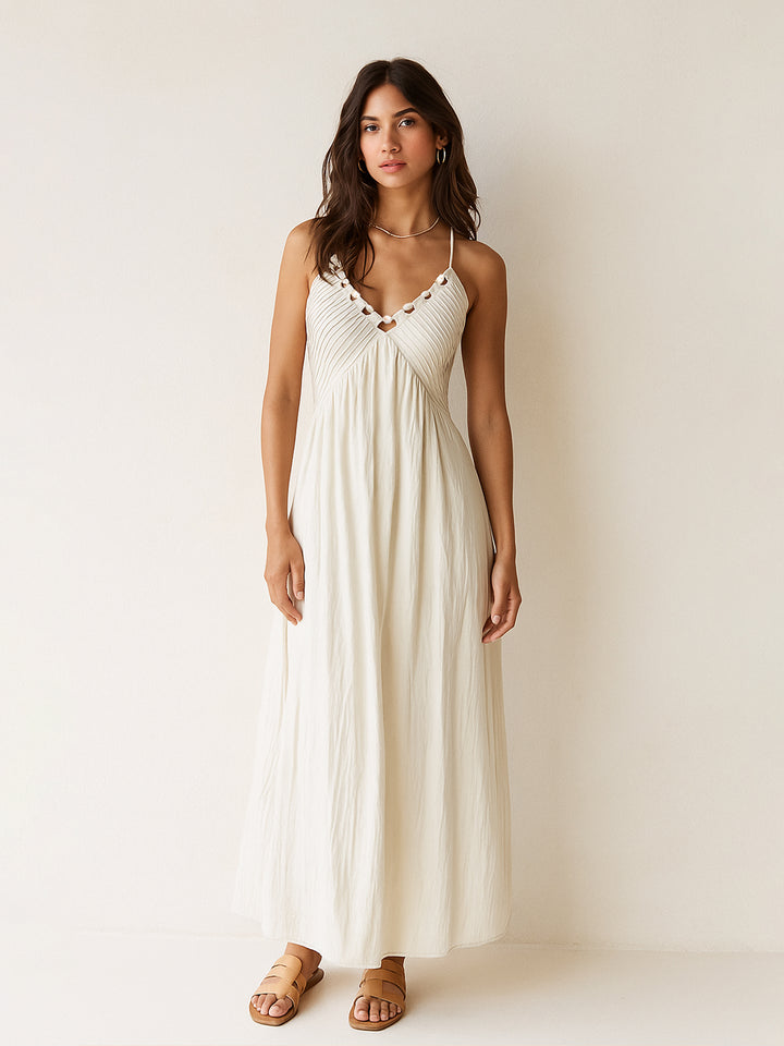 Boho Plain Beaded V neck  Pleated A-Line Women Sun Dresses