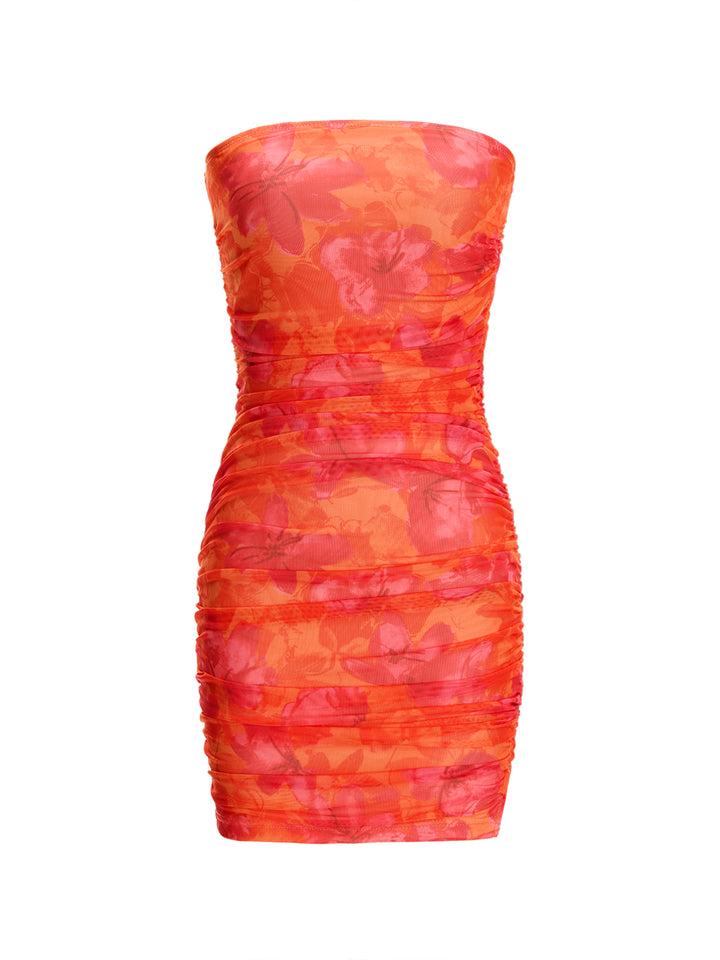 Bandeau Boho Floral Ruched Slit Mini Women Dress