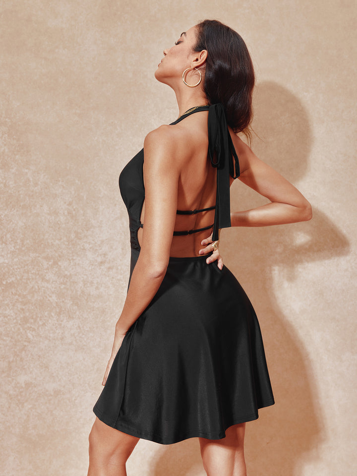 Backless Jersey Plunge Neck Sleeveless A Line Mini Women Dress
