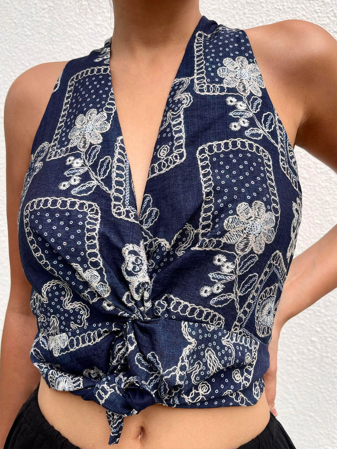 Boho Floral Patchwork Slit Twist Zipper V Cuelas de tanque sin mangas para el cuello