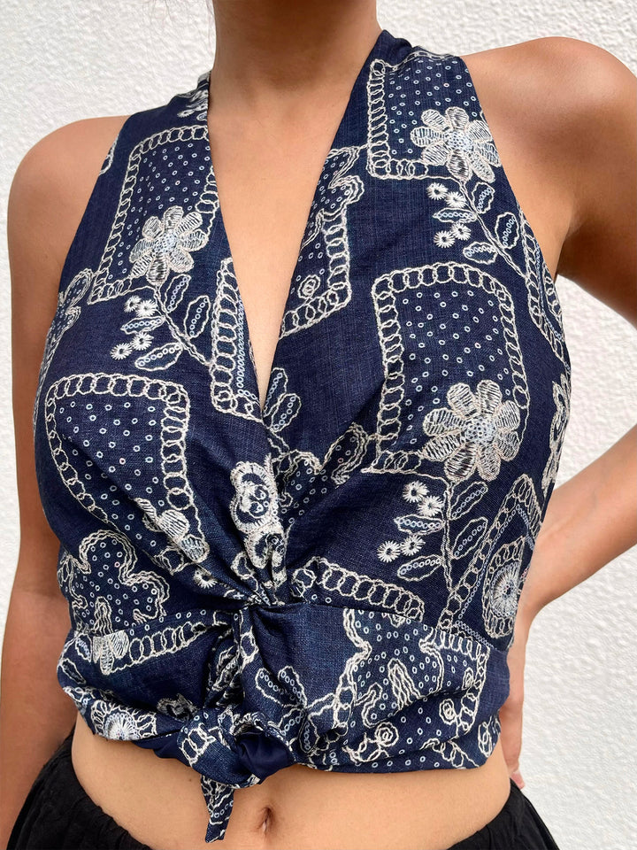 Boho Floral Patchwork Slit Twist Zipper V Cuelas de tanque sin mangas para el cuello