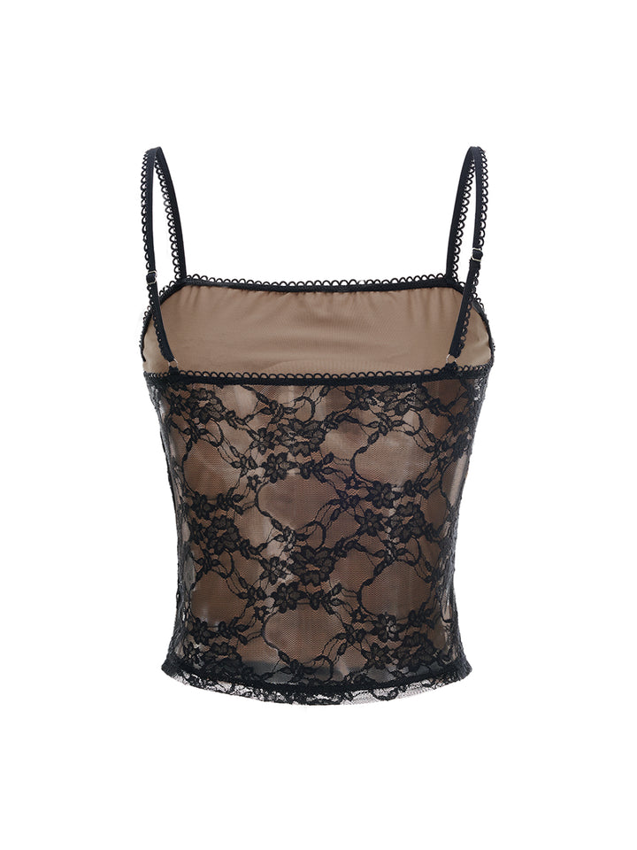 Cami Elegante contraste tela encaje adornado cuello cuadrado