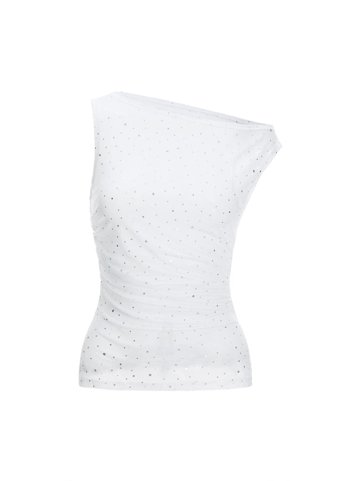 Party Ruched Side Slit Confetti Boat Neck Sheer Women Tank Tops