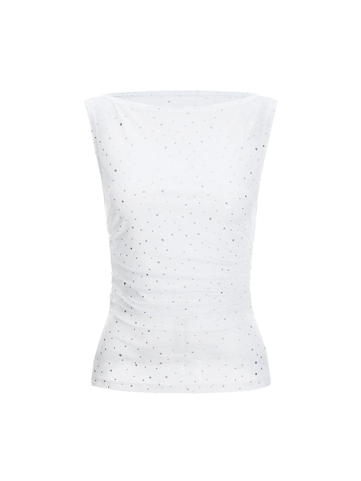 Party Ruched Side Slit Confetti Boat Neck Sheer Women Tank Tops