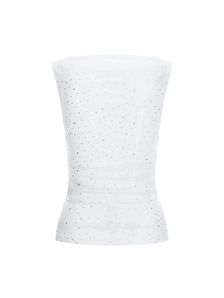 Party Ruched Side Slit Confetti Boat Neck Sheer Women Tank Tops