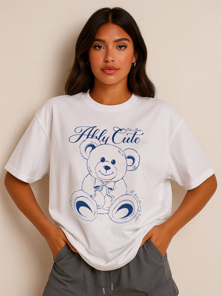 Casual de cerezo/ auto de carreras/ niña Cóctel/ gráficos de osos Camiseta blanca de algodón de mangas cortas impresas