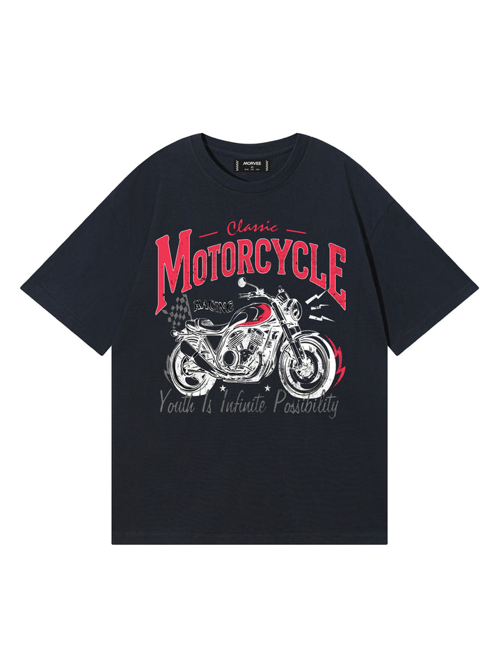 Casual Motorcycle Racing/Birds/ Leopard Star and Cherry/ Motorcycle Racing With Fire Graphics Printed Round Neck Short Sleeves Cotton Oversized Black T Shirt