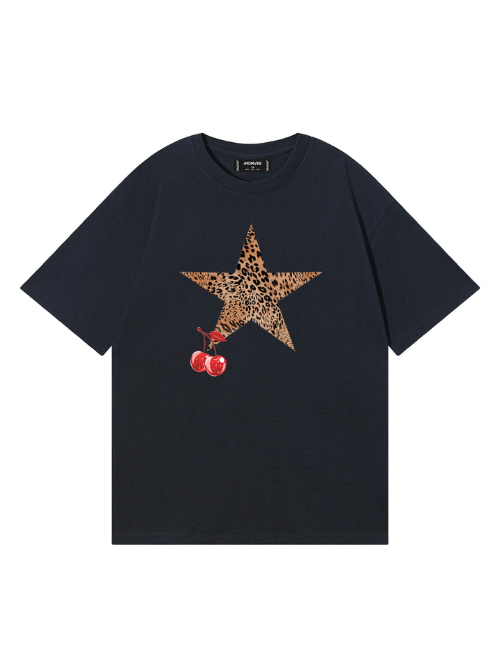 Casual Motorcycle Racing/Birds/ Leopard Star and Cherry/ Motorcycle Racing With Fire Graphics Printed Round Neck Short Sleeves Cotton Oversized Black T Shirt