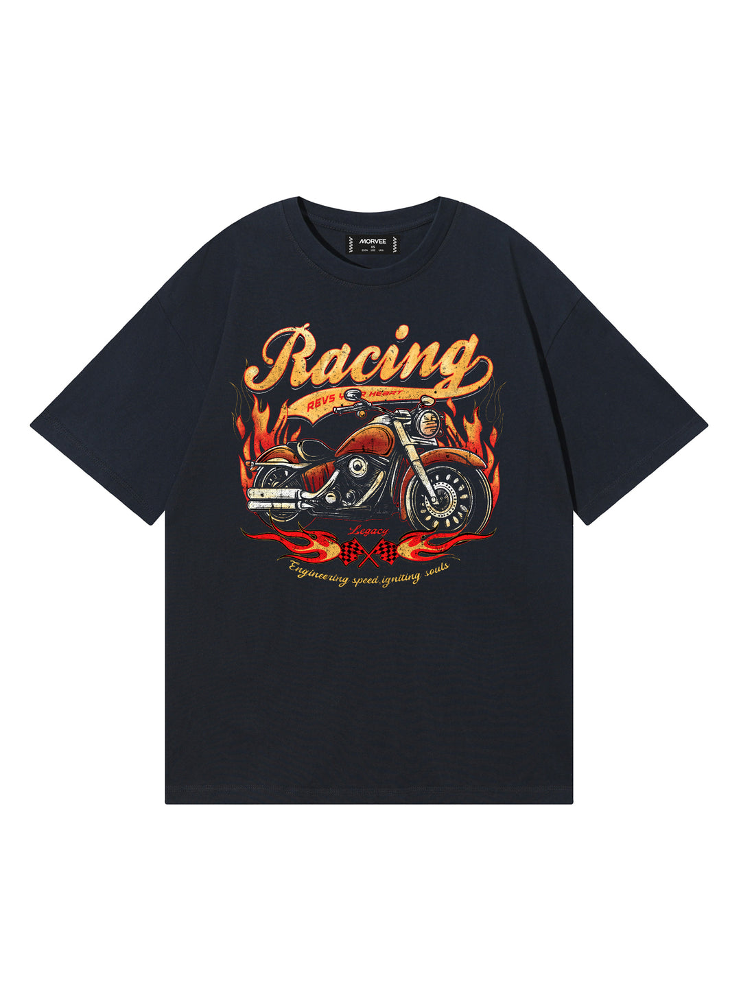 Casual Motorcycle Racing/Birds/ Leopard Star and Cherry/ Motorcycle Racing With Fire Graphics Printed Round Neck Short Sleeves Cotton Oversized Black T Shirt