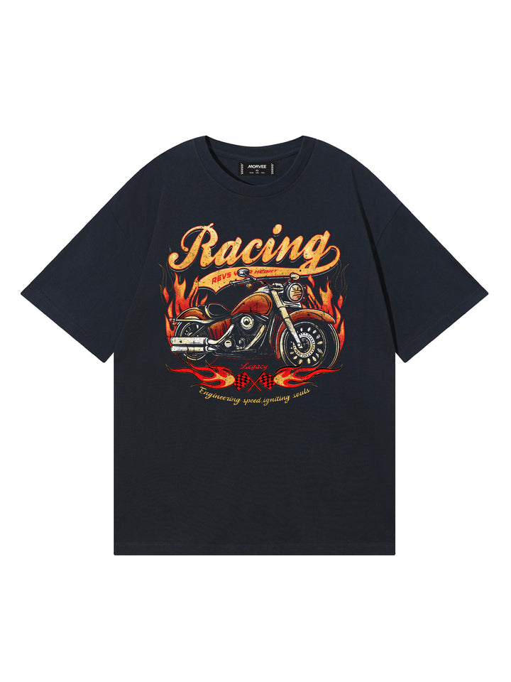 Casual Motorcycle Racing/Birds/ Leopard Star and Cherry/ Motorcycle Racing With Fire Graphics Printed Round Neck Short Sleeves Cotton Oversized Black T Shirt