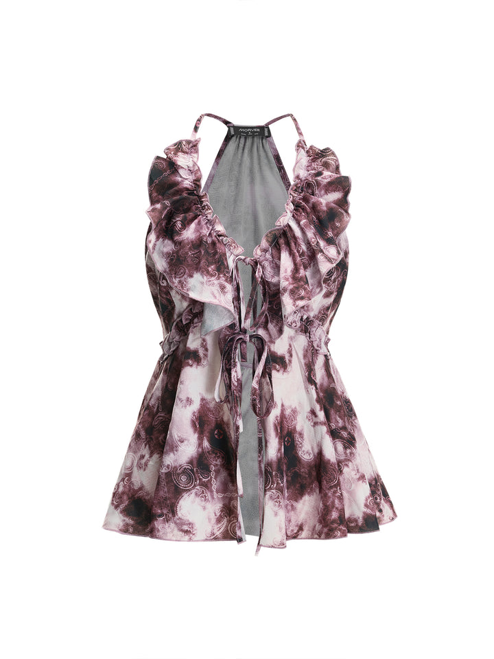 Boho Paisley Tie Dye Lettuce Trim Ruffle v Neck Long Long Tank Tops & Camis