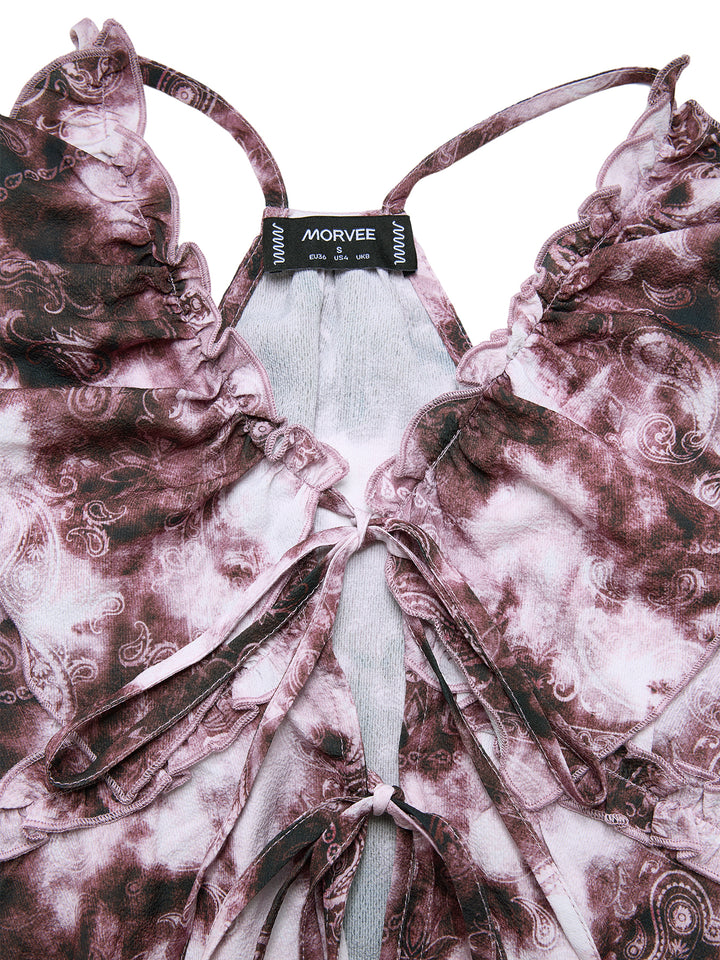 Boho Paisley Tie Dye Lettuce Trim Ruffle v Neck Long Long Tank Tops & Camis
