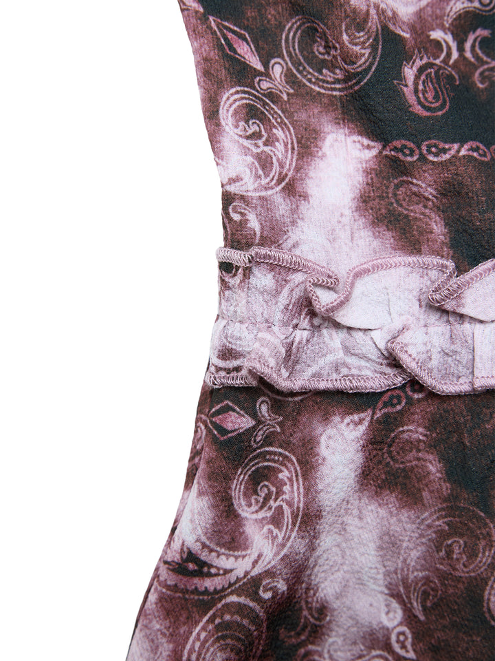 Boho Paisley Tie Dye Lettuce Trim Ruffle v Neck Long Long Tank Tops & Camis