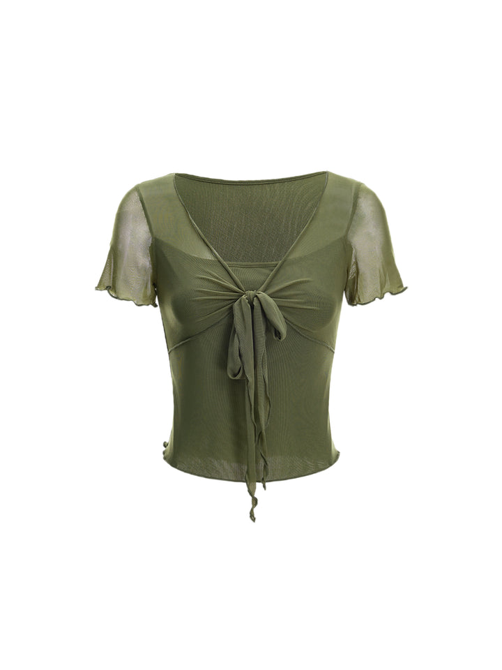 Casual 2 in 1 Tied Tie Neck Crop Women Top