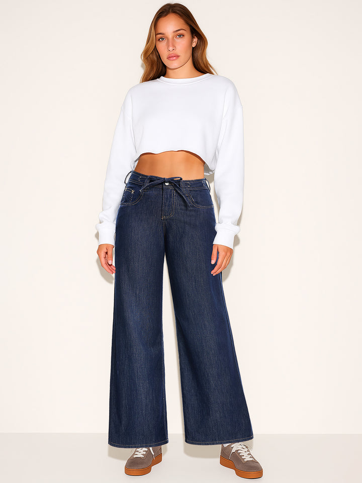 Jeans de cordón de piernas ancho informal de ancho